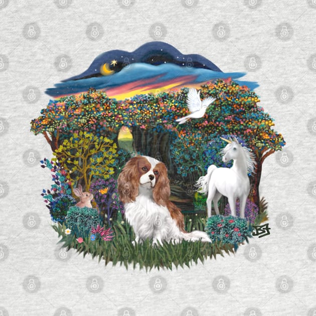 Blenheim Cavalier King Charles Spaniel & A Unicorn in Magical Woods by Dogs Galore and More